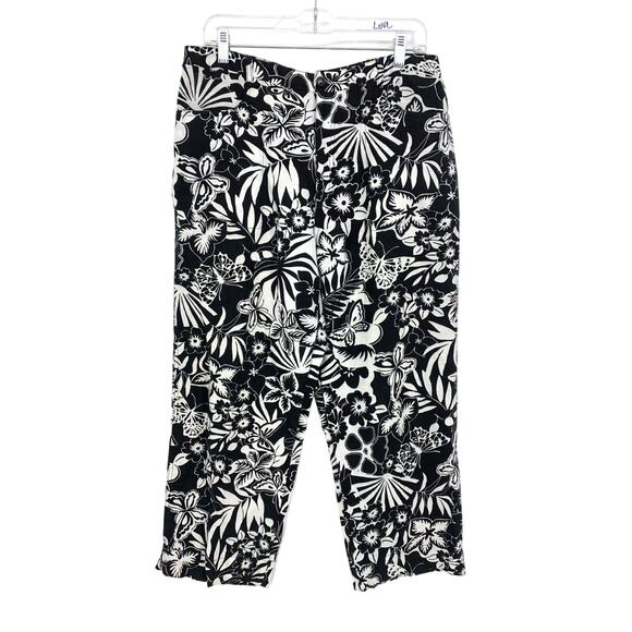 Chico's Cropped Pant Womens Sz 2 US L Linen Blend Black White Floral Print *FLAW - Picture 1 of 6